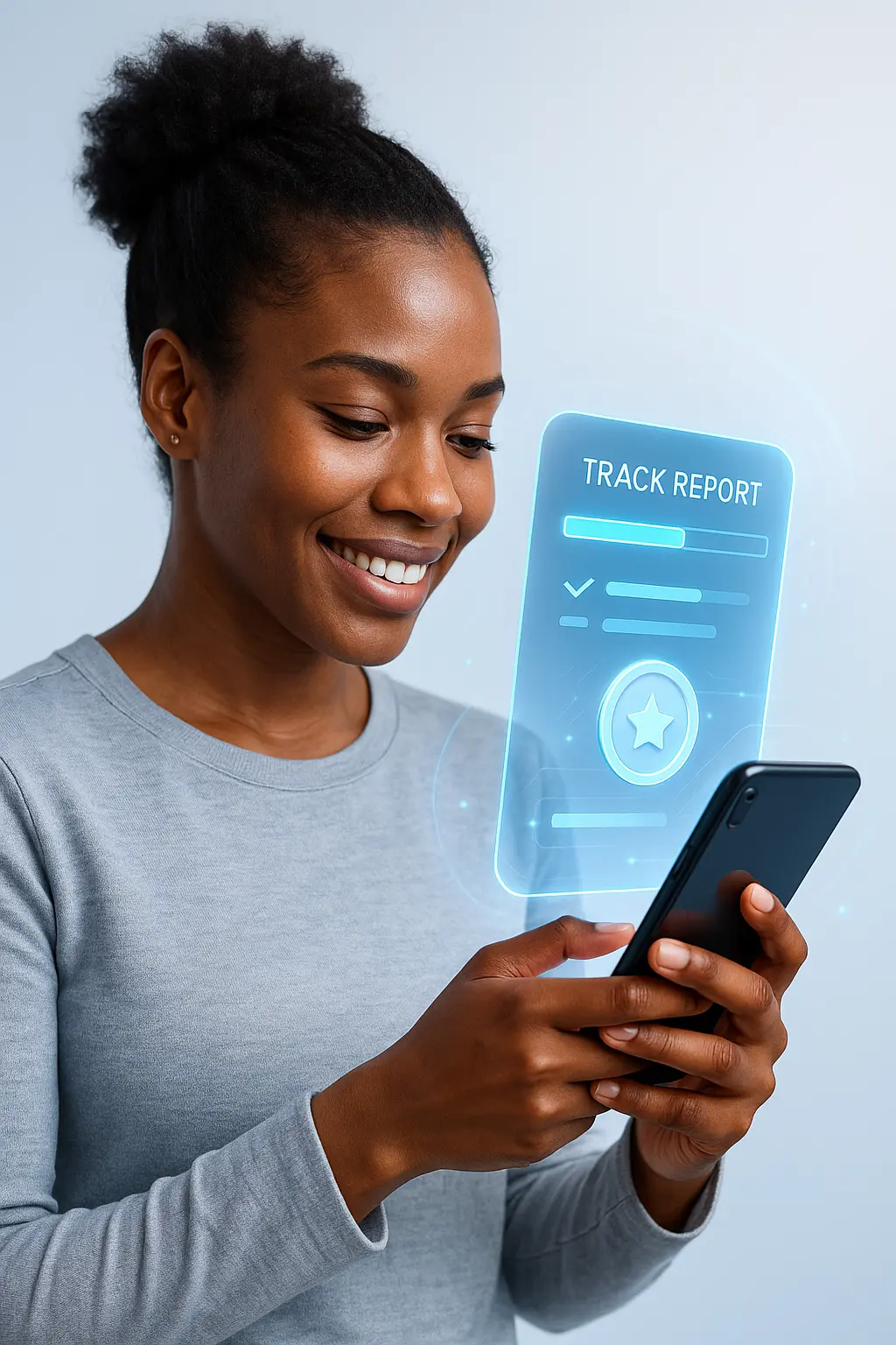 An African man or woman using their phone to track a report and receive rewards through the PayCode system.
